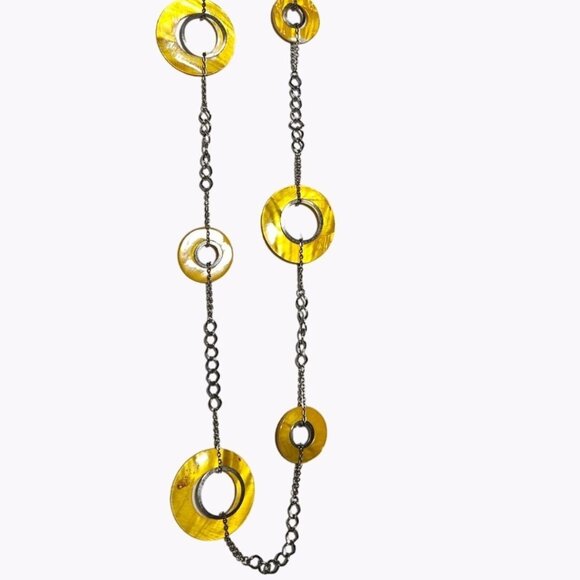 Art Deco  Boho Yellow Disc Beads Necklace Silver Tone Long Chain Retro Fashion - Picture 1 of 7